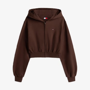  Tommy Jeans Relax Crop S-Flag Kadın Kahverengi Fermuarlı Hoodie