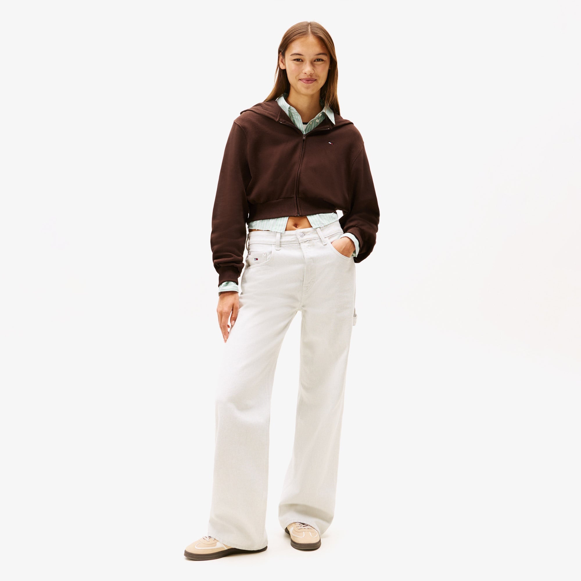 Tommy Jeans Relax Crop S-Flag Kadın Kahverengi Fermuarlı Hoodie