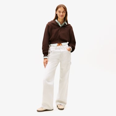  Tommy Jeans Relax Crop S-Flag Kadın Kahverengi Fermuarlı Hoodie