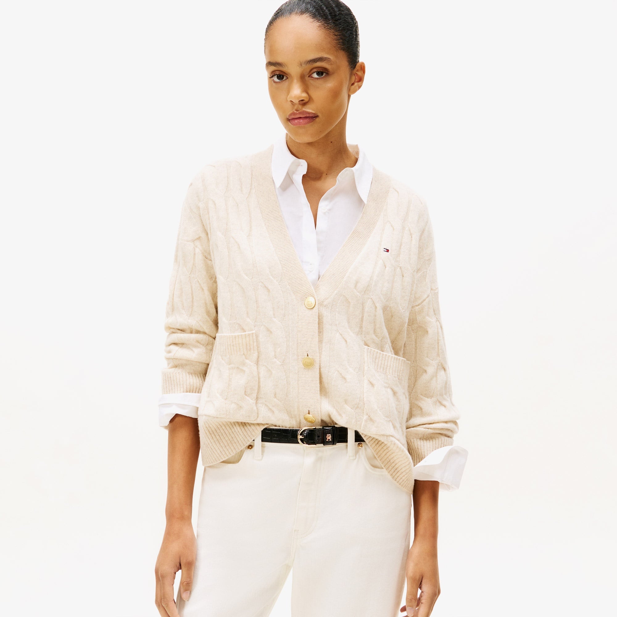 Tommy Hilfiger Soft Wool Cable Cardigan Kadın Bej Hırka