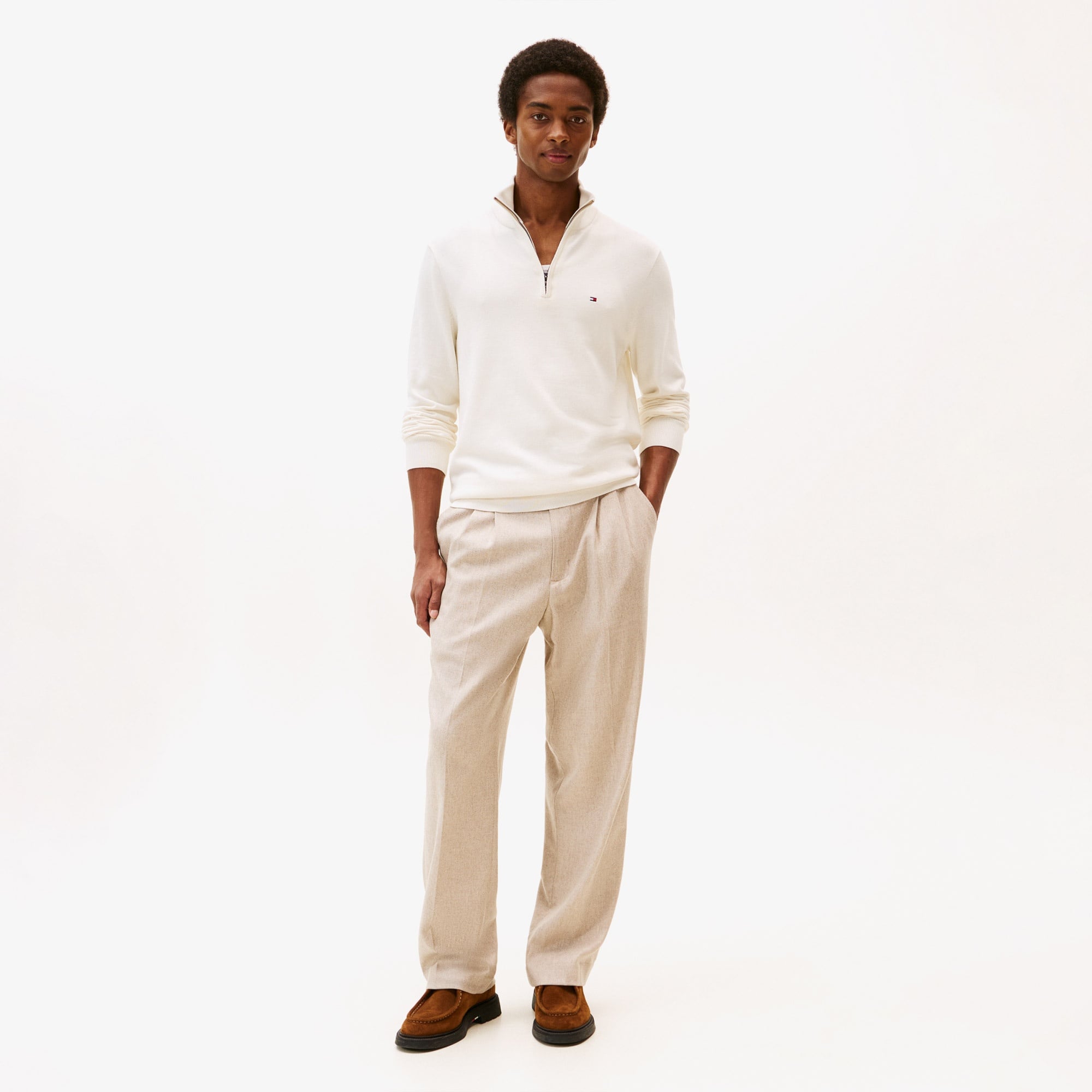 Tommy Hilfiger Essential Erkek Yarım Fermuarlı Triko Krem Triko