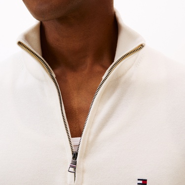  Tommy Hilfiger Essential Erkek Yarım Fermuarlı Triko Krem Triko