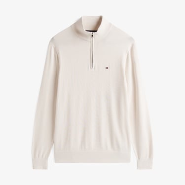  Tommy Hilfiger Essential Erkek Yarım Fermuarlı Triko Krem Triko