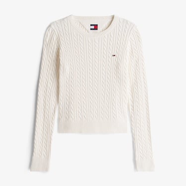  Tommy Jeans Cable Essential Kadın Beyaz Kazak