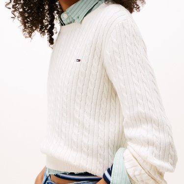  Tommy Jeans Cable Essential Kadın Beyaz Kazak
