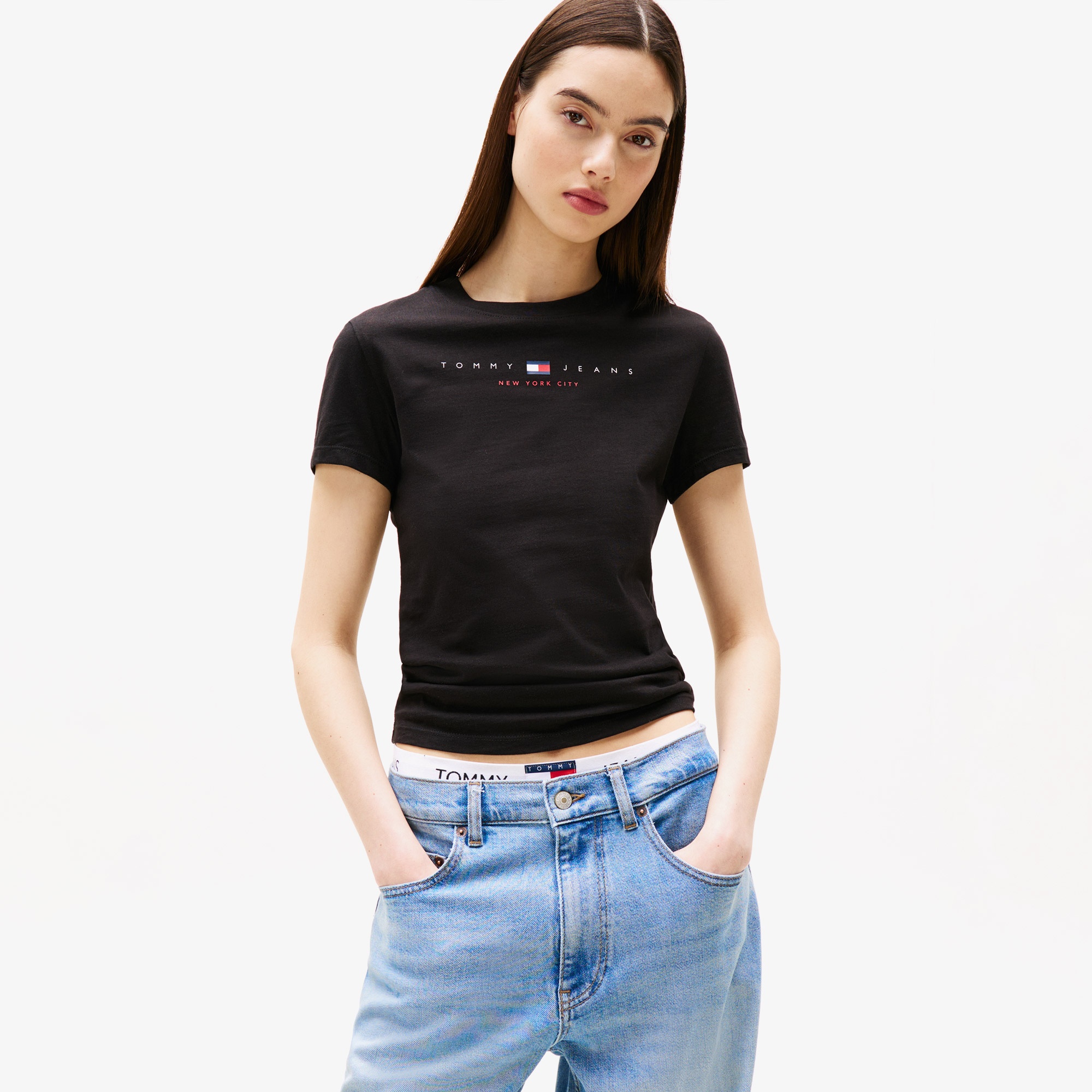Tommy Jeans Slim Linear Kadın Siyah T-Shirt