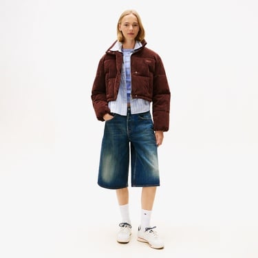  Tommy Jeans Cord Kadın Puffer Kahverengi Mont