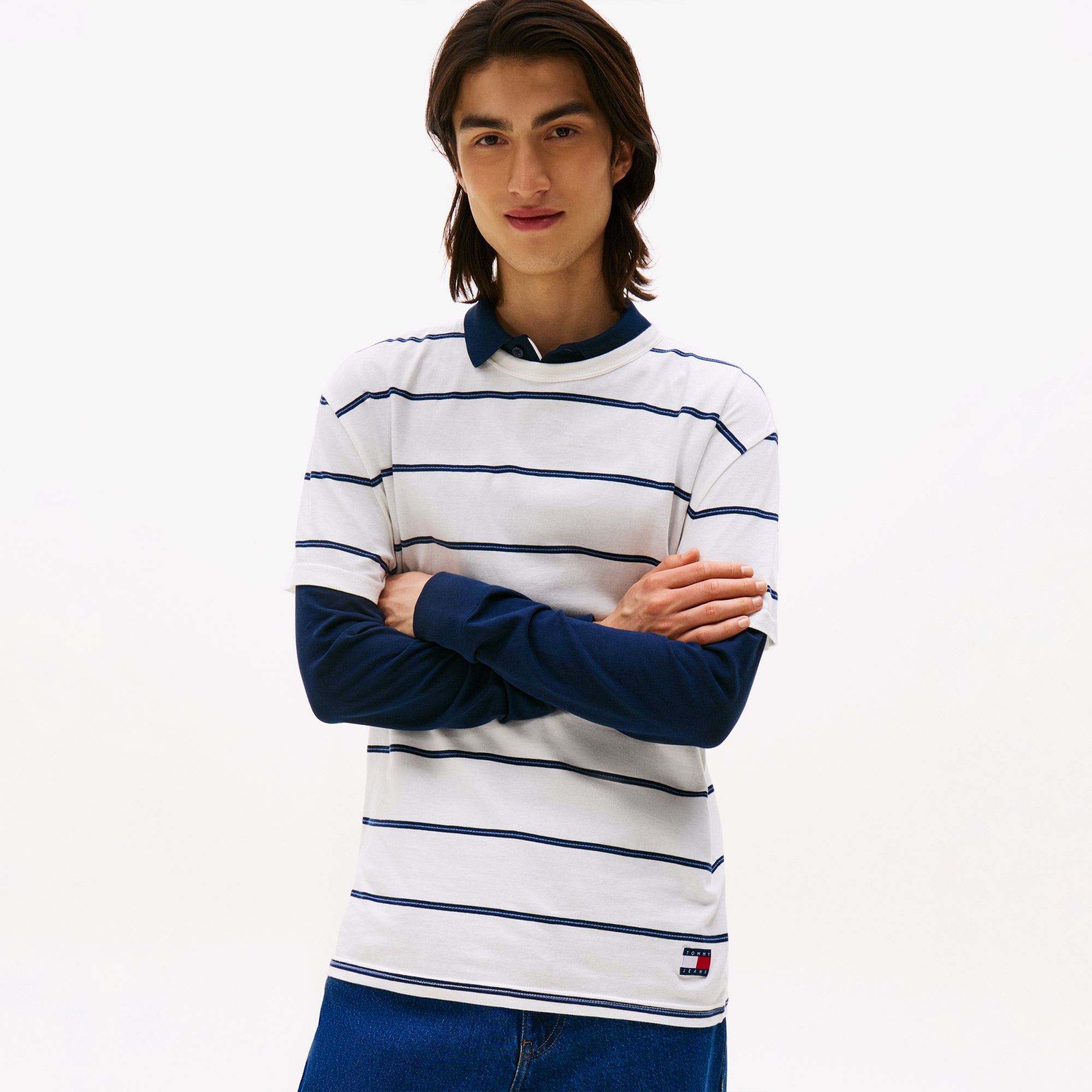  Tommy Jeans Regular Textured Stripe Erkek Beyaz T-Shirt