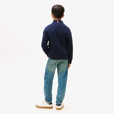  Tommy Hilfiger Cotton Cable Çocuk Mavi Yarım Fermuarlı Triko