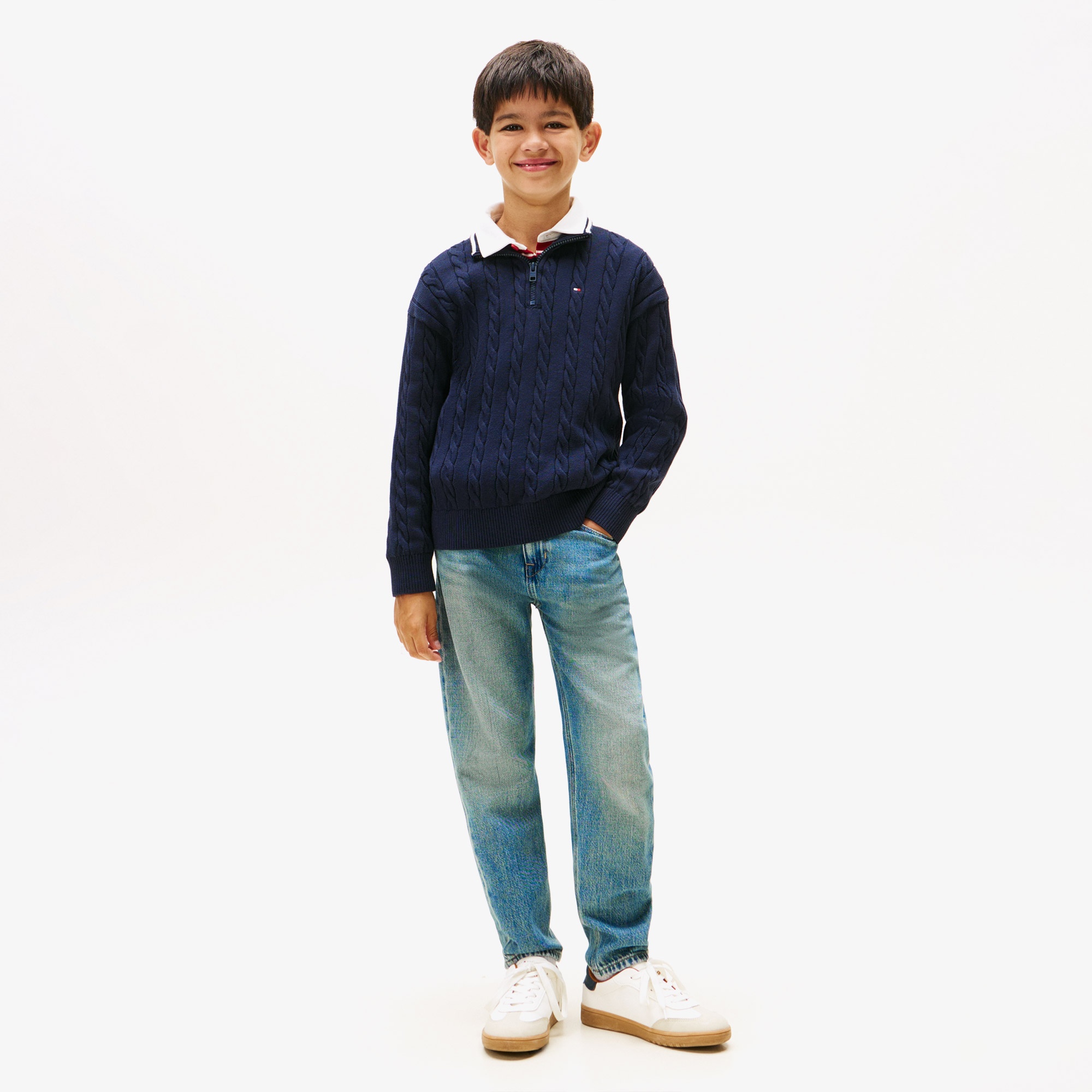 Tommy Hilfiger Cotton Cable Çocuk Mavi Yarım Fermuarlı Triko