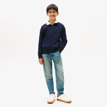  Tommy Hilfiger Cotton Cable Çocuk Mavi Yarım Fermuarlı Triko