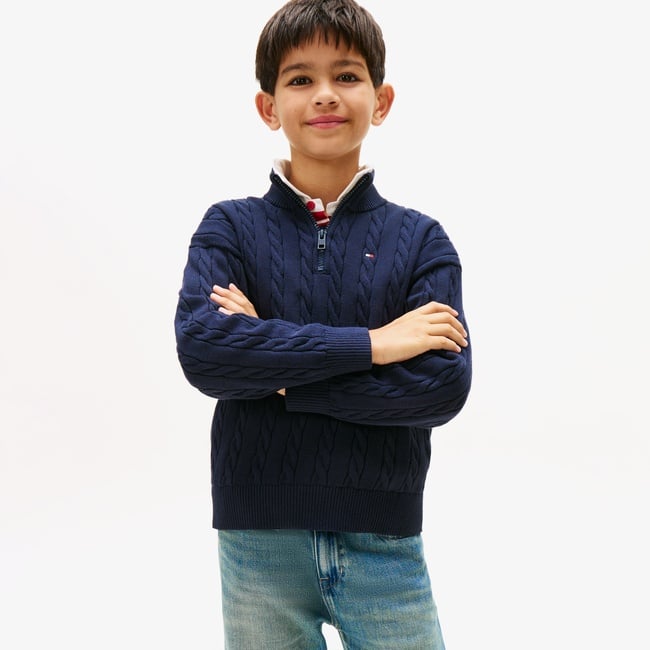  Tommy Hilfiger Cotton Cable Çocuk Mavi Yarım Fermuarlı Triko