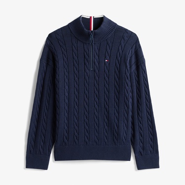  Tommy Hilfiger Cotton Cable Çocuk Mavi Yarım Fermuarlı Triko