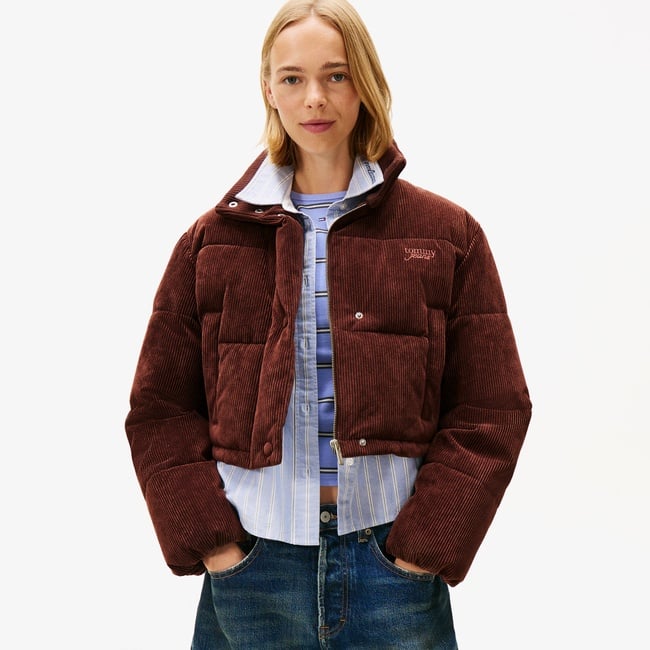  Tommy Jeans Cord Kadın Puffer Kahverengi Mont