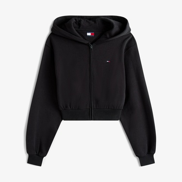  Tommy Jeans Relax Crop S-Flag Kadın Fermuarlı Siyah Hoodie