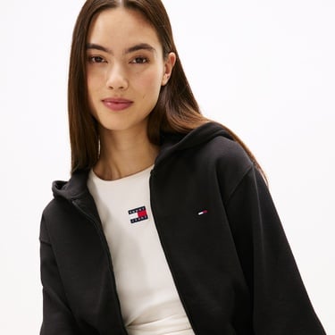  Tommy Jeans Relax Crop S-Flag Kadın Fermuarlı Siyah Hoodie
