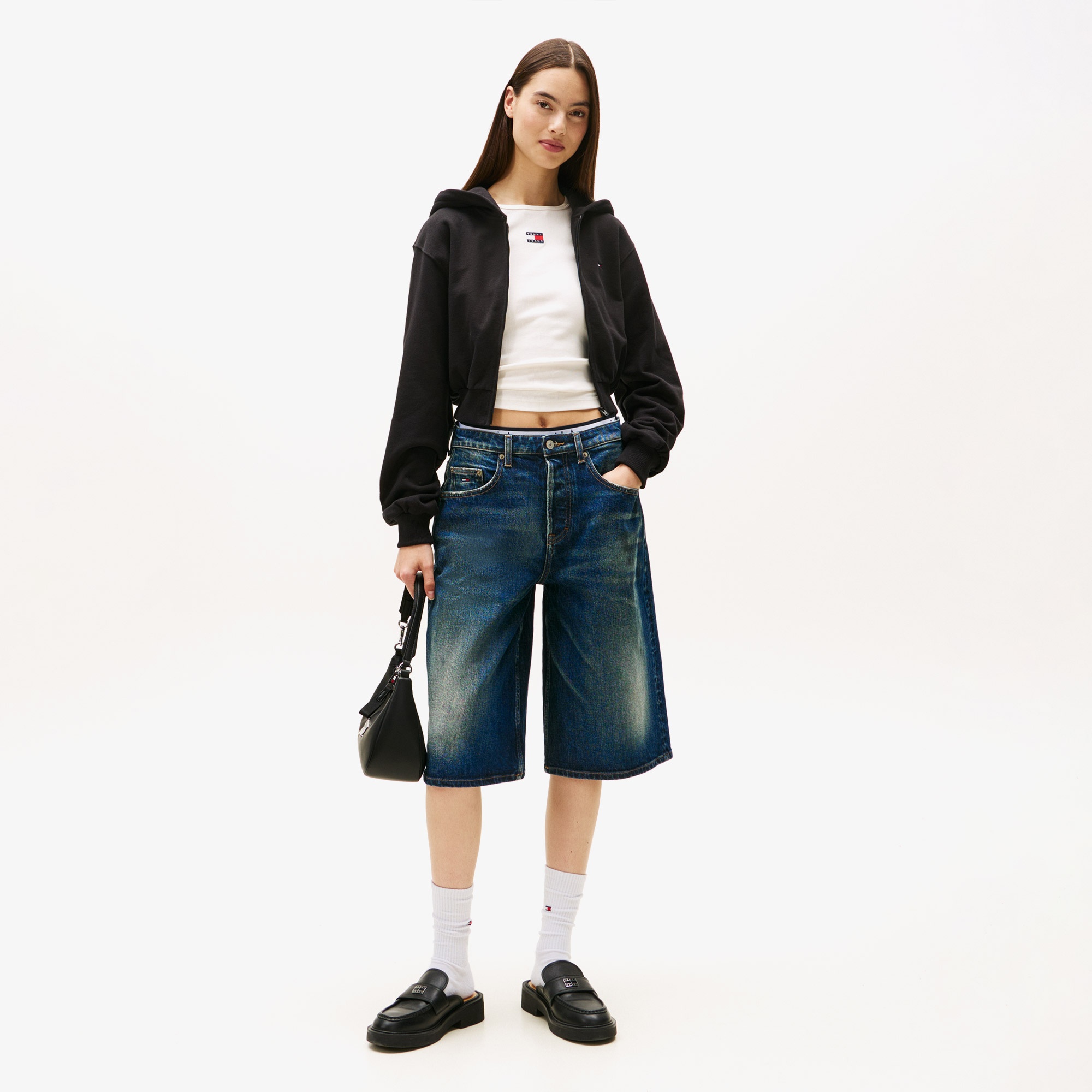 Tommy Jeans Relax Crop S-Flag Kadın Fermuarlı Siyah Hoodie