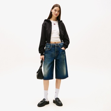  Tommy Jeans Relax Crop S-Flag Kadın Fermuarlı Siyah Hoodie