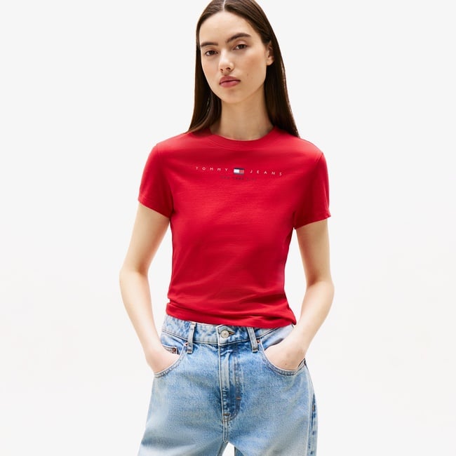  Tommy Jeans Slim Linear Kadın Kırmızı T-Shirt