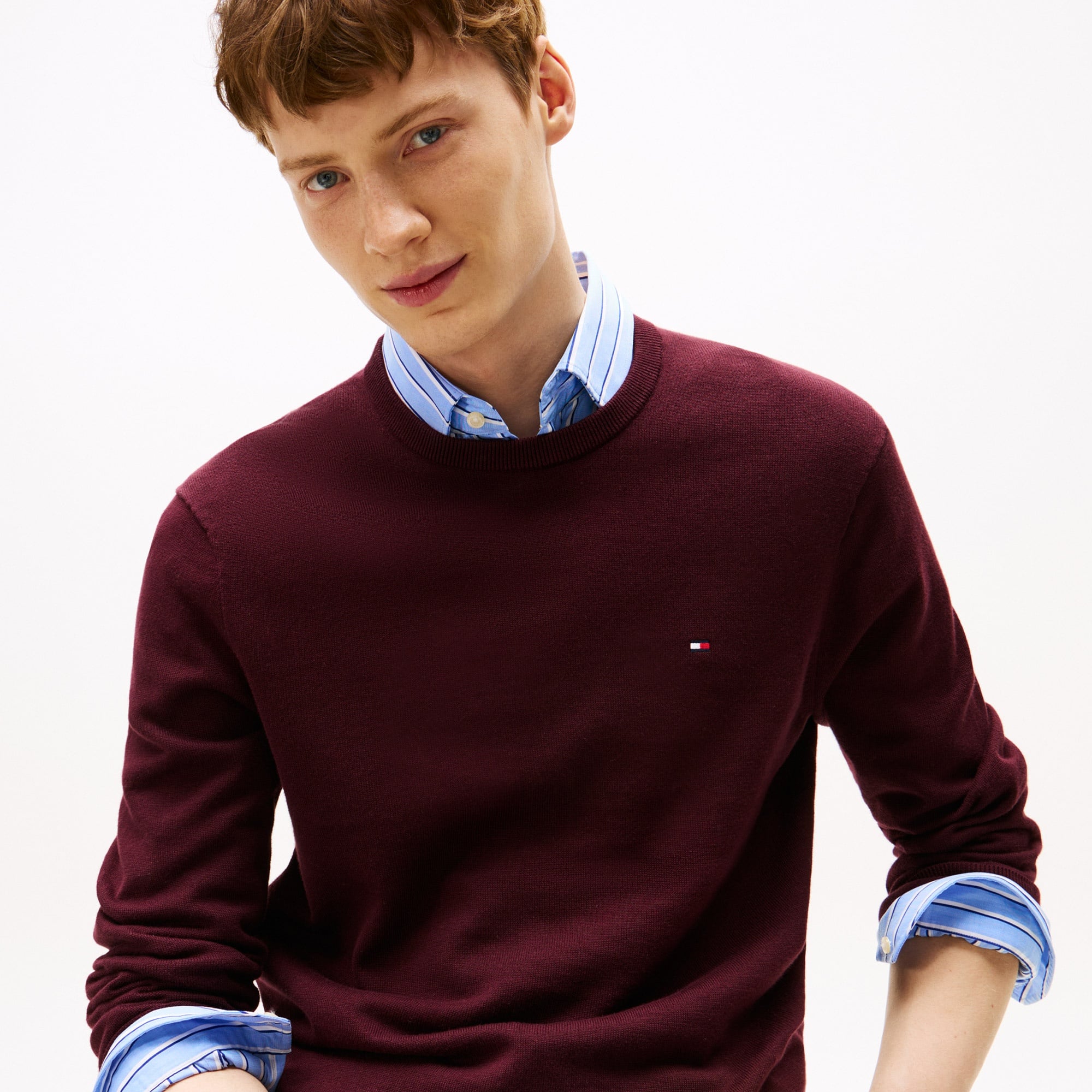 Tommy Hilfiger Essential Cotton Yuvarlak Yaka Erkek Bordo Kazak