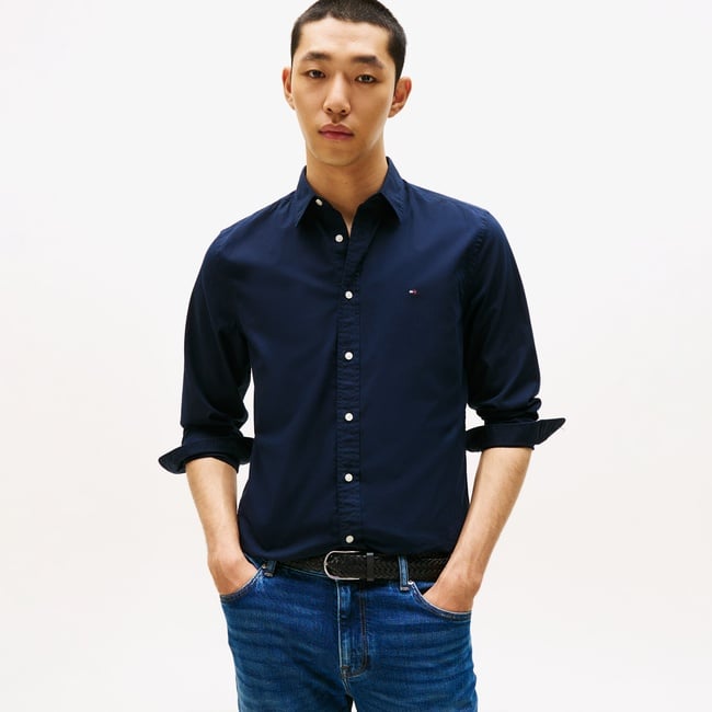  Tommy Hilfiger Flex Poplin Kent Collar Erkek Lacivert Gömlek