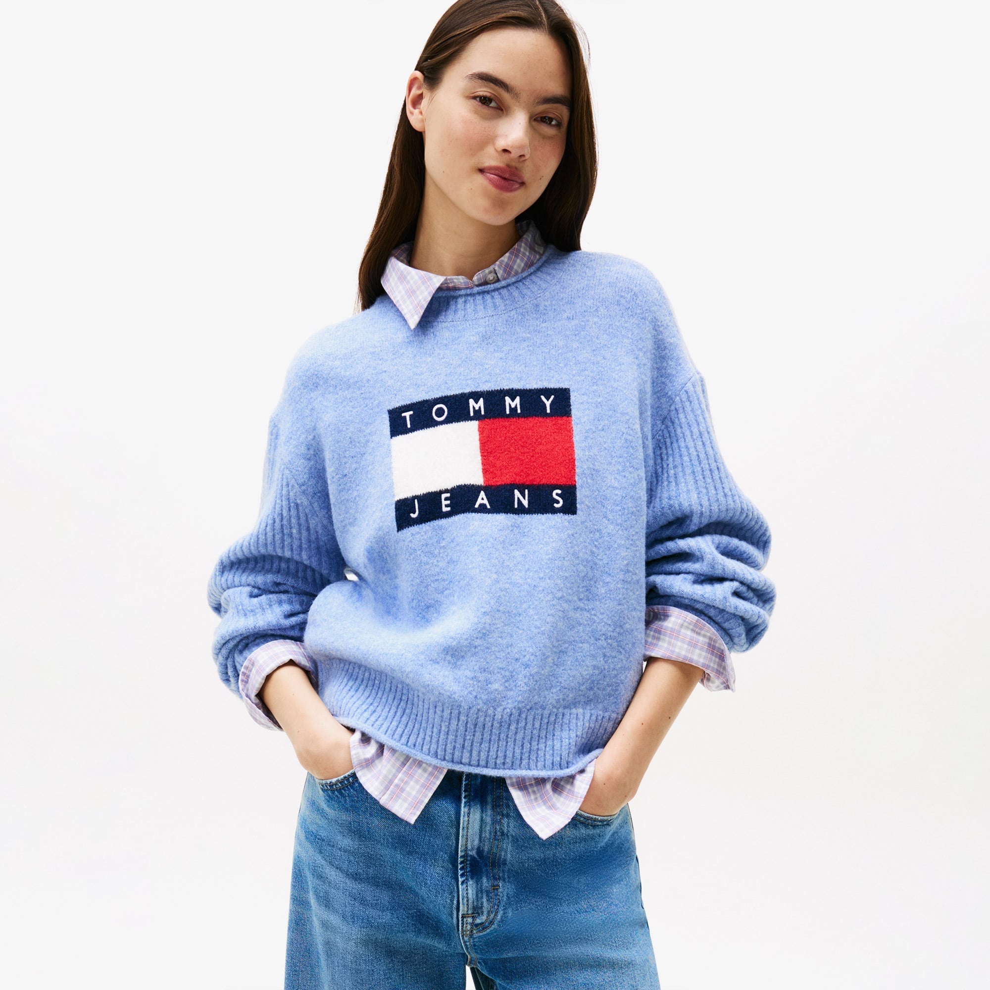 Tommy Jeans Melange Flag Kadın Mavi Kazak