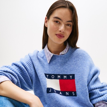  Tommy Jeans Melange Flag Kadın Mavi Kazak