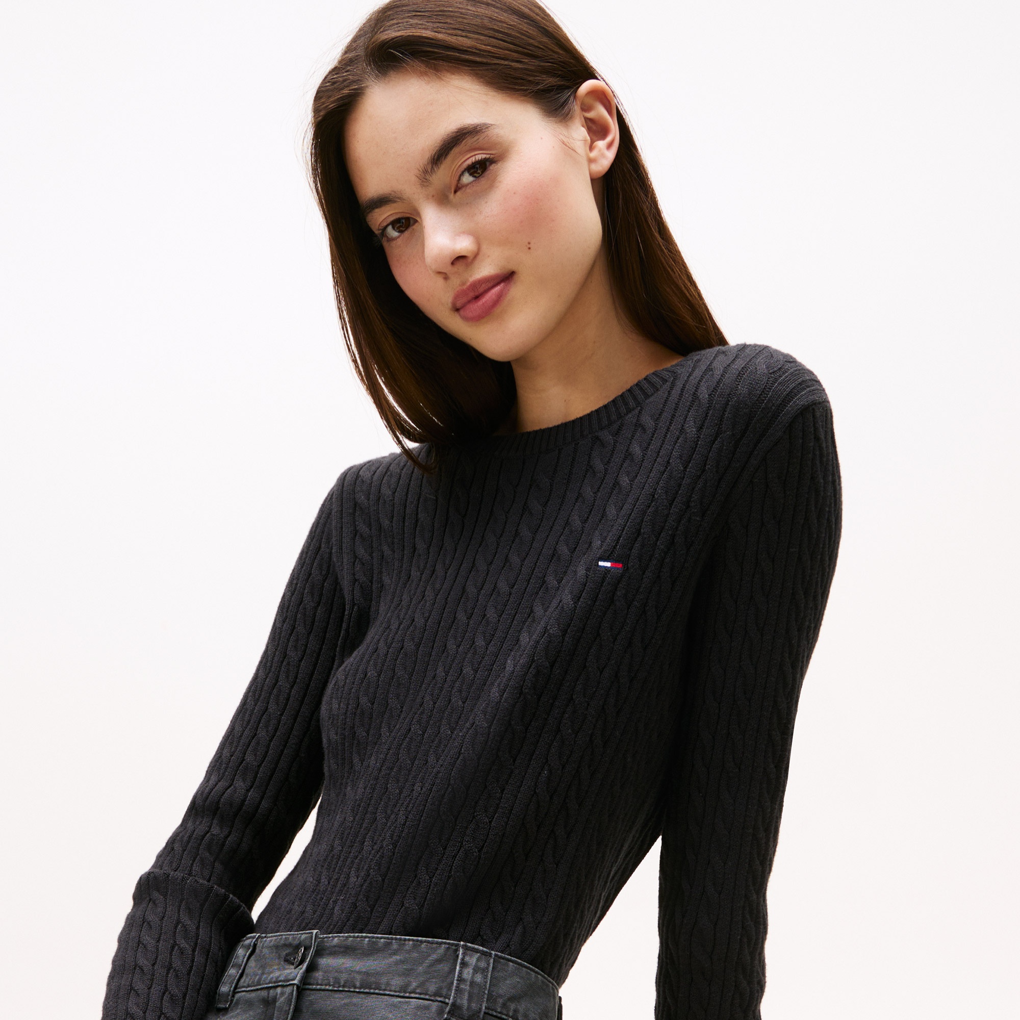 Tommy Jeans Cable Essential Kadın Siyah Kazak