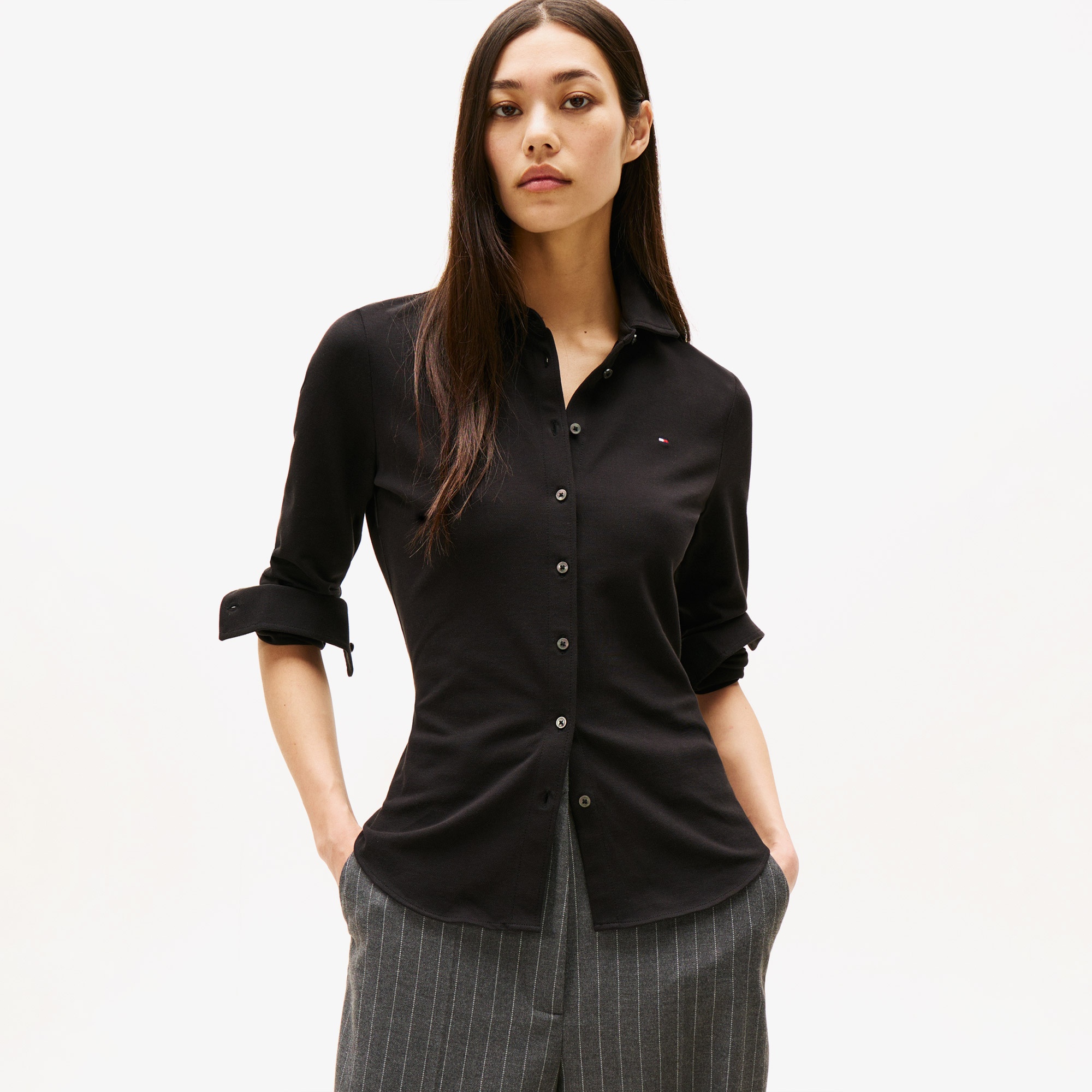 Tommy Hilfiger 1985 Slim Pique Kadın Siyah Gömlek