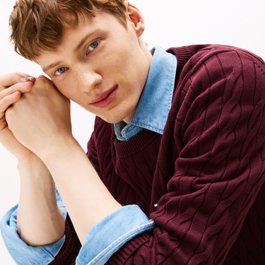  Tommy Hilfiger Classic Cotton Cable Yuvarlak Yaka Erkek Bordo Kazak