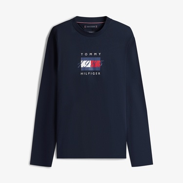  Tommy Hilfiger Linear Flag Graphic Erkek Uzun Kollu Lacivert T-Shirt