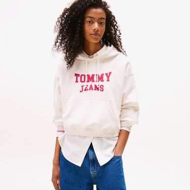  Tommy Jeans Crop Varsity Kadın Beyaz Hoodie