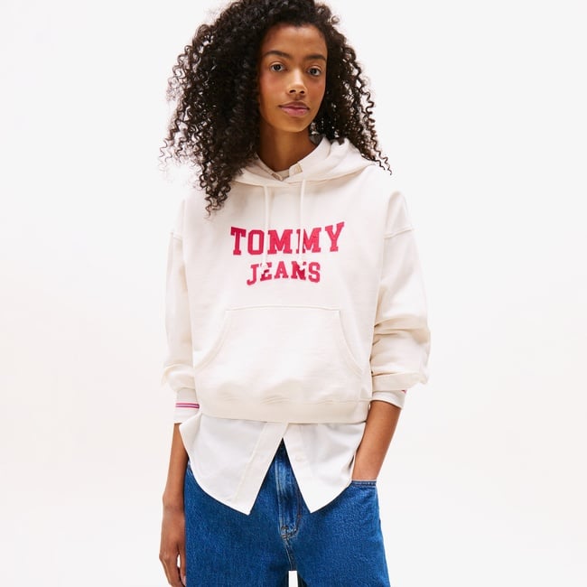  Tommy Jeans Crop Varsity Kadın Beyaz Hoodie