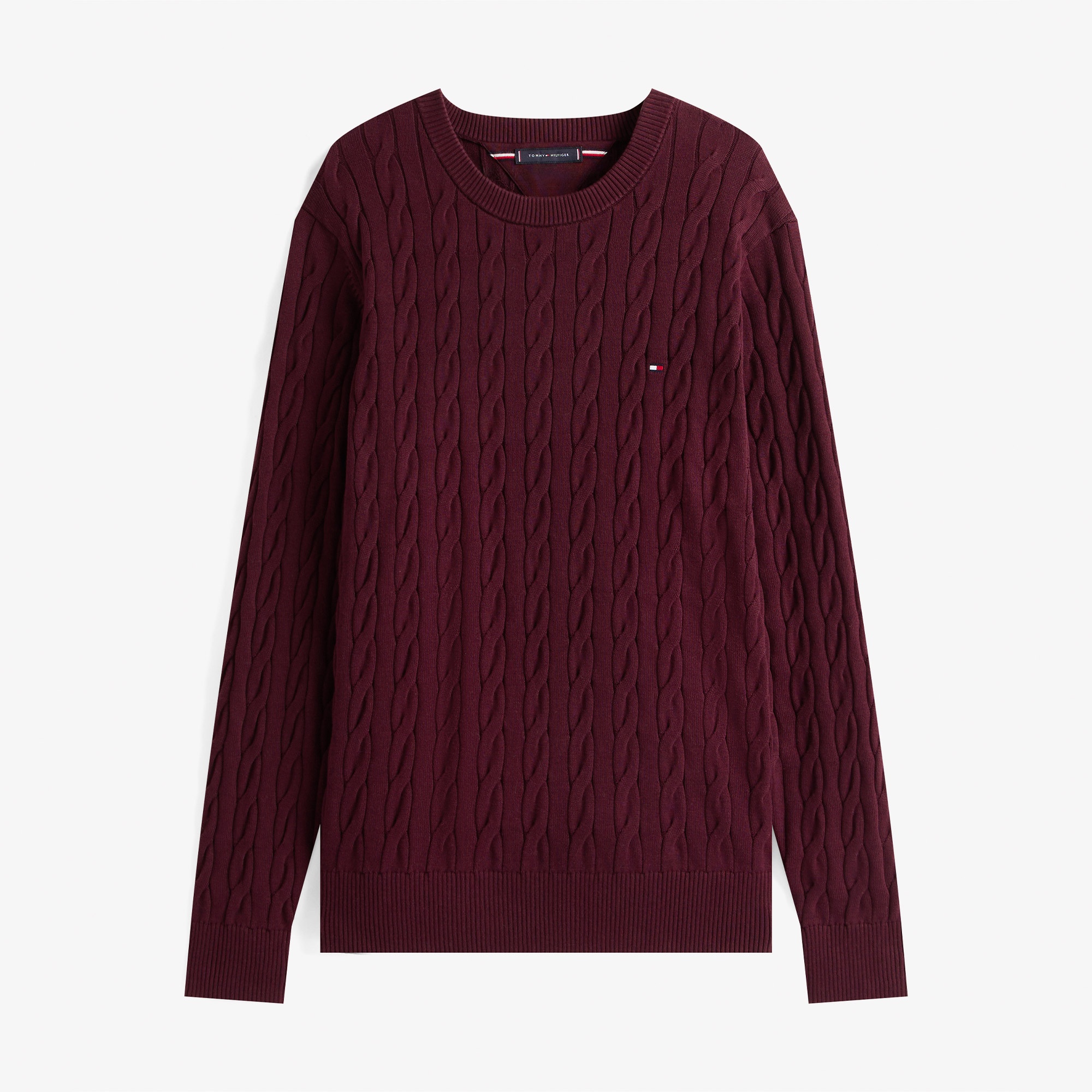 Tommy Hilfiger Classic Cotton Cable Yuvarlak Yaka Erkek Bordo Kazak