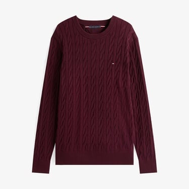  Tommy Hilfiger Classic Cotton Cable Yuvarlak Yaka Erkek Bordo Kazak