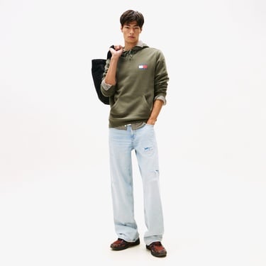  Tommy Jeans Regular Essential Flag Hood Erkek Yeşil Hoodie