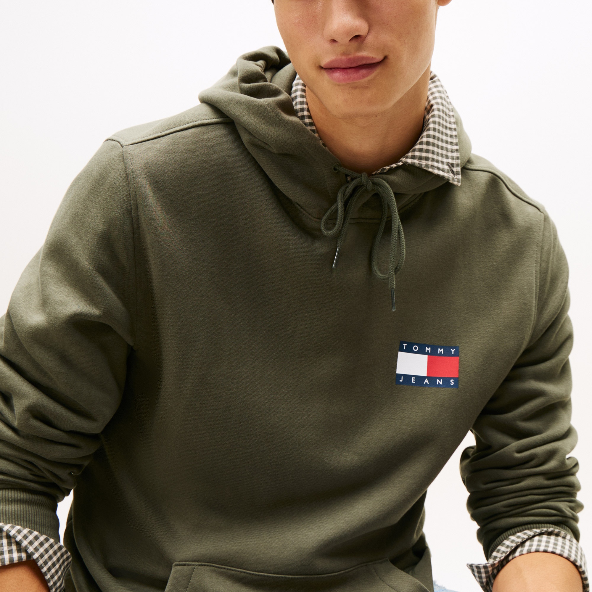 Tommy Jeans Regular Essential Flag Hood Erkek Yeşil Hoodie