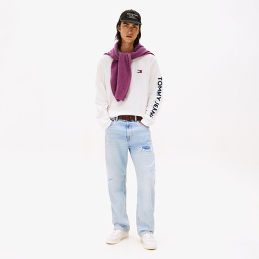  Tommy Jeans Relax New Classics Erkek Uzun Kollu Beyaz T-Shirt