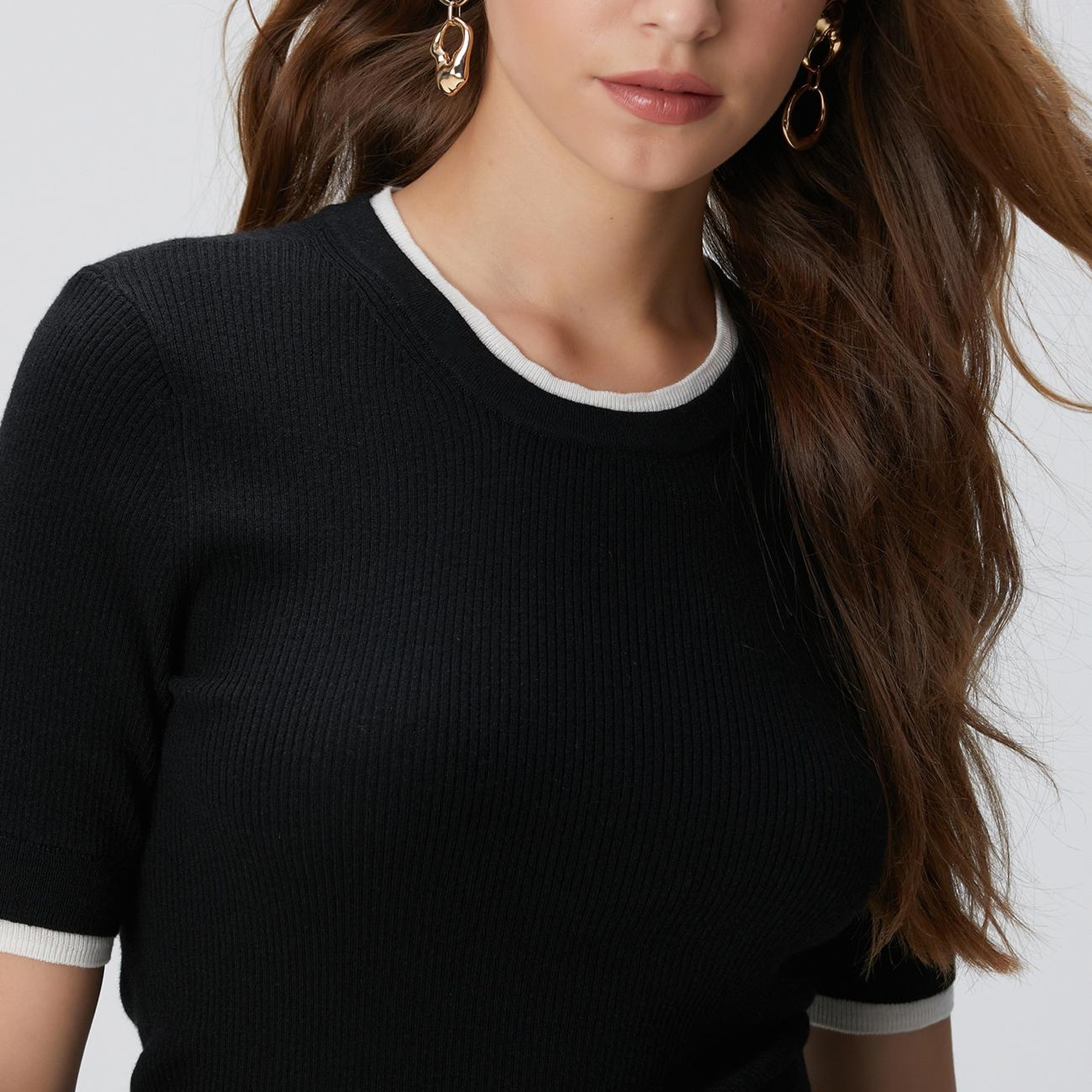 Network Kadın Siyah Çift Renkli Kısa Kol Triko Kazak