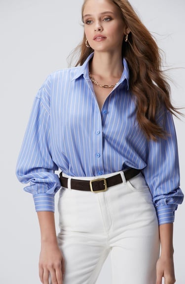  Network Kadın Mavi Bej Çizgili Non Iron Gömlek