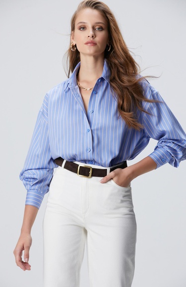  Network Kadın Mavi Bej Çizgili Non Iron Gömlek