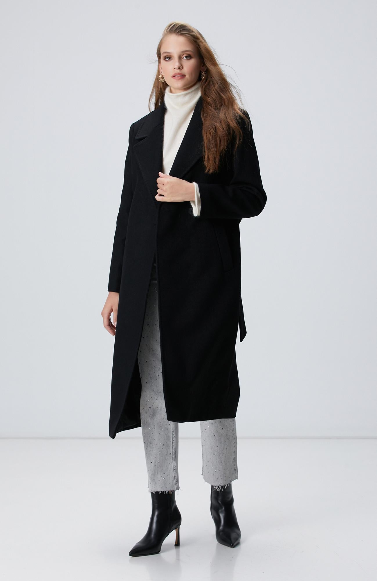  Network Kadın Siyah Kaşmir Ve Yün Karışımlı Palto