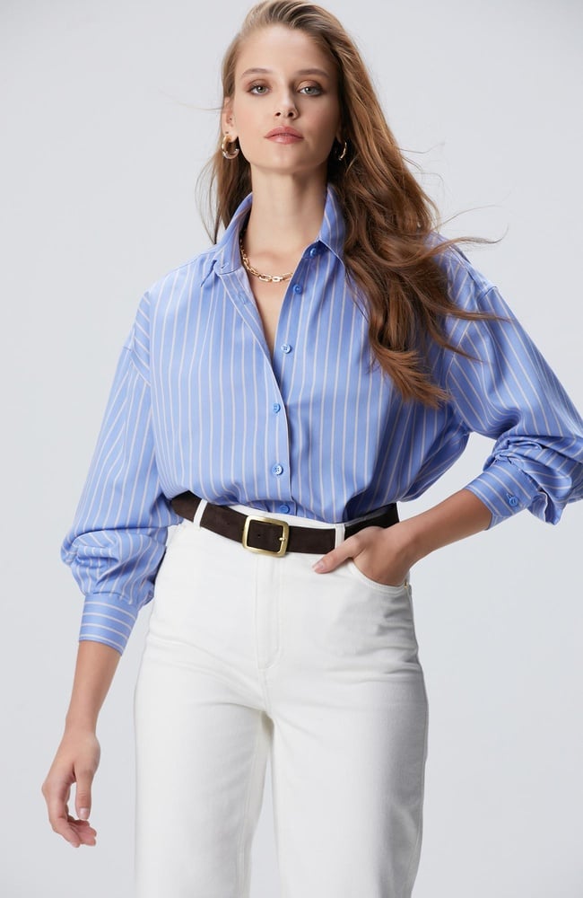  Network Kadın Mavi Bej Çizgili Non-Iron Gömlek