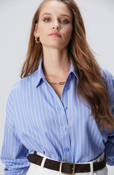  Network Kadın Mavi Bej Çizgili Non-Iron Gömlek