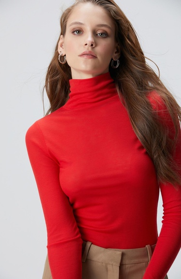  Network Kadın Kırmızı Yün Karışımlı Balıkçı Yaka Kazak