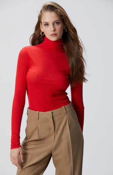  Network Kadın Kırmızı Yün Karışımlı Balıkçı Yaka Kazak