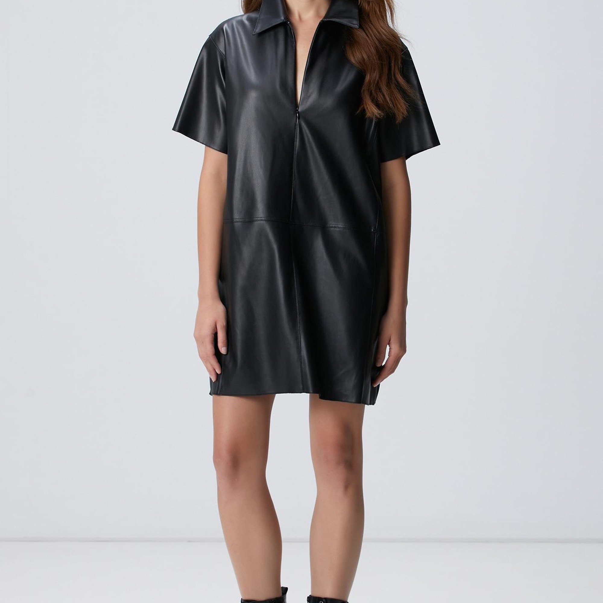 Network Kadın Siyah Mini Vegan Deri Elbise