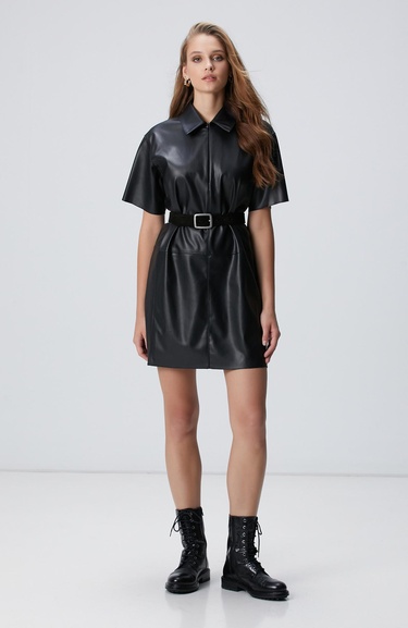  Network Kadın Siyah Mini Vegan Deri Elbise