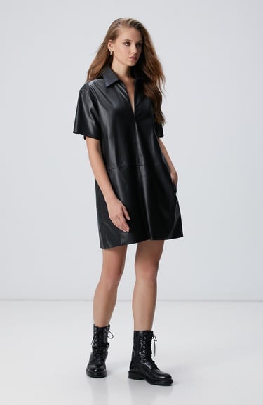  Network Kadın Siyah Mini Vegan Deri Elbise