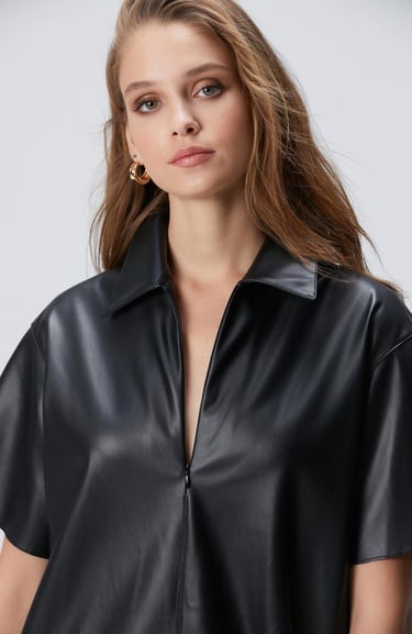  Network Kadın Siyah Mini Vegan Deri Elbise